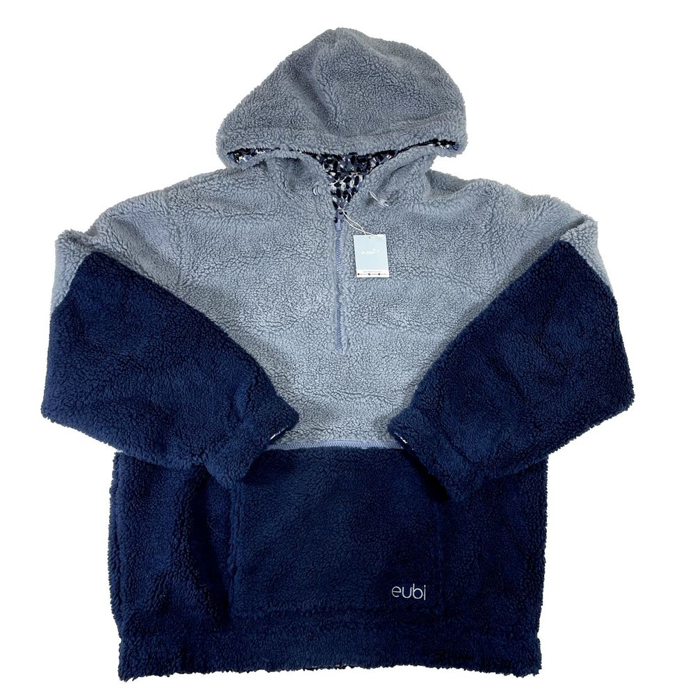 Eubi XL‎ 1/4 Zip Pullover Blue Reversible Teddy Borg Fleece Hoodie Front Pocket